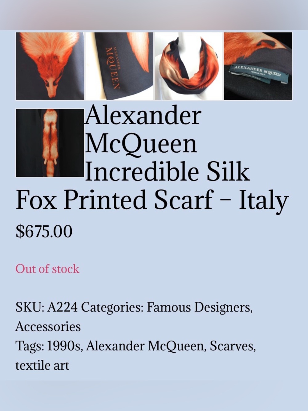 Alexander McQueen Black Silk Scarf with Orange Fox Motif